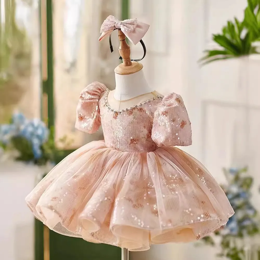 Girls princess dress in pink made from polyester fiber, for heights 80cm to 150cm, suitable for birthday and piano performances