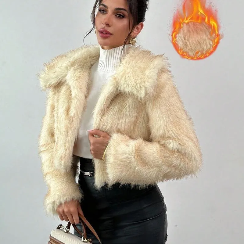 Women's short black tip artificial fur winter coat with a large fur collar and long sleeves.