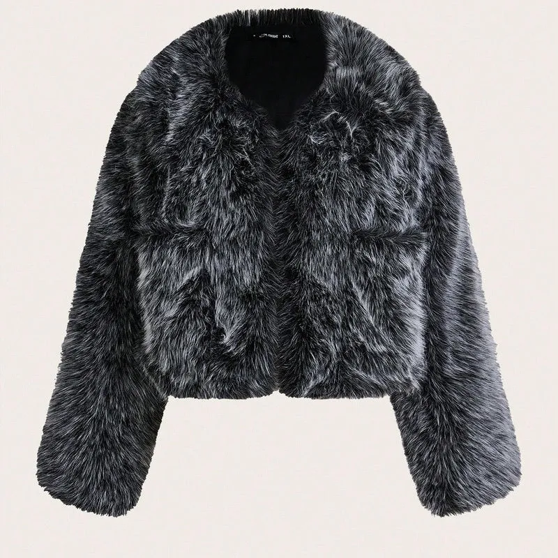 Women's short black tip artificial fur winter coat with a large fur collar and long sleeves.