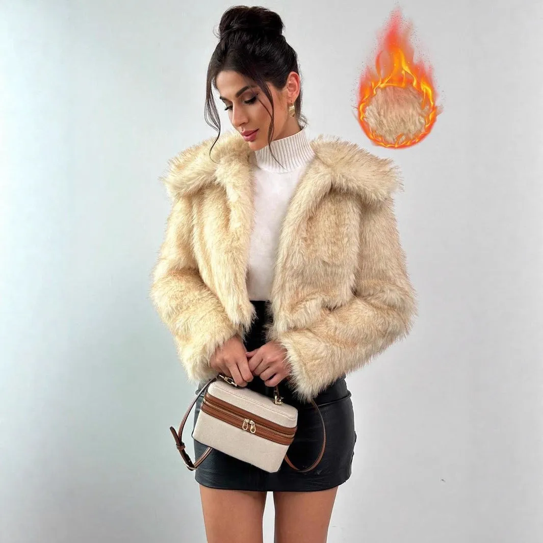 Women's short black tip artificial fur winter coat with a large fur collar and long sleeves.