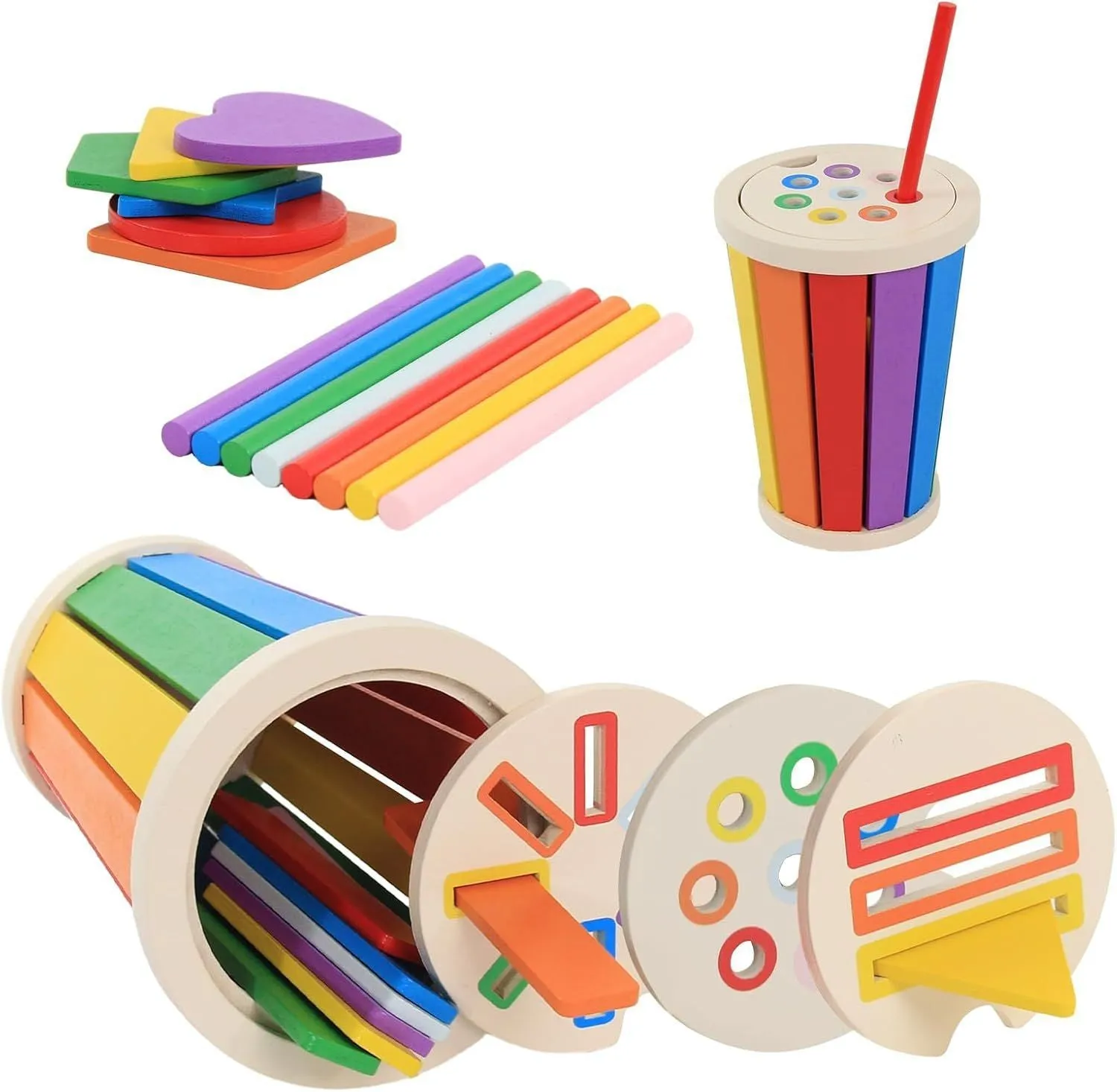 Children's wooden colour classification cup shape cognition pairing toy in white box packaging