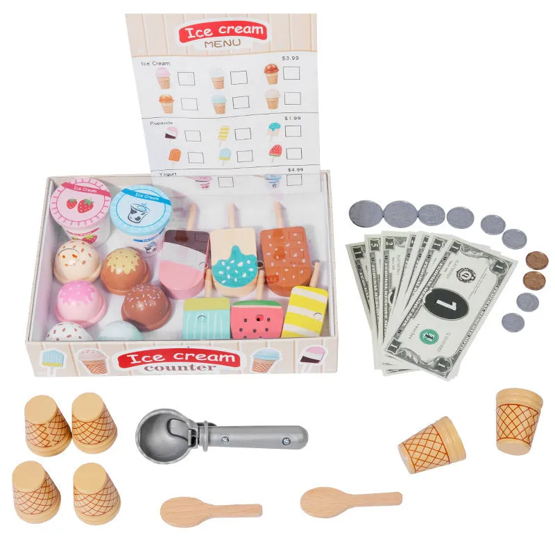 Wooden ice cream toy set for children with solid wood pieces and three colour options