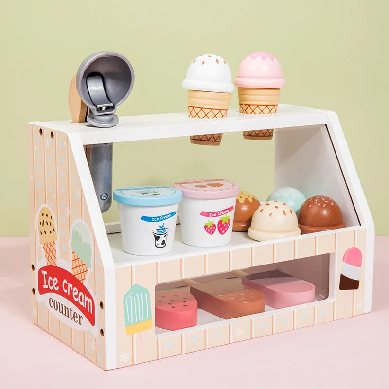 Wooden ice cream toy set for children with solid wood pieces and three colour options