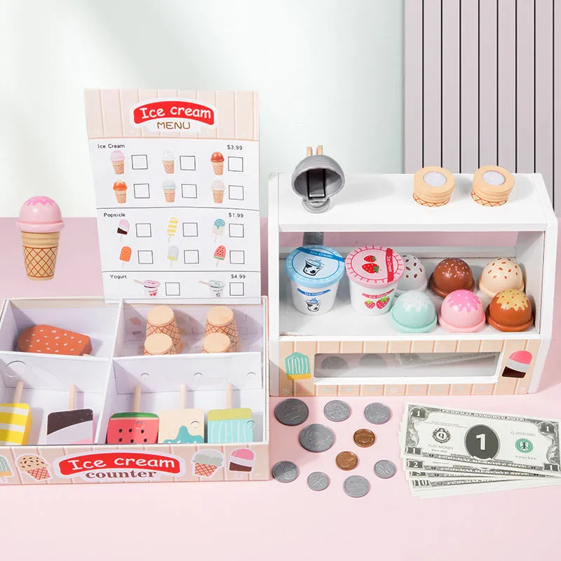 Wooden ice cream toy set for children with solid wood pieces and three colour options