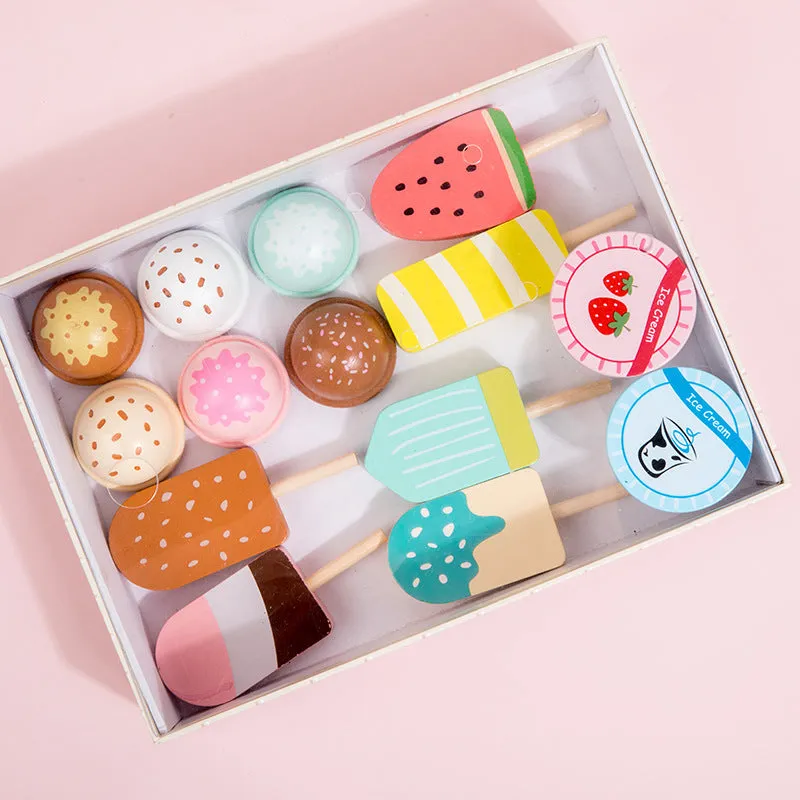Wooden ice cream toy set for children with solid wood pieces and three colour options