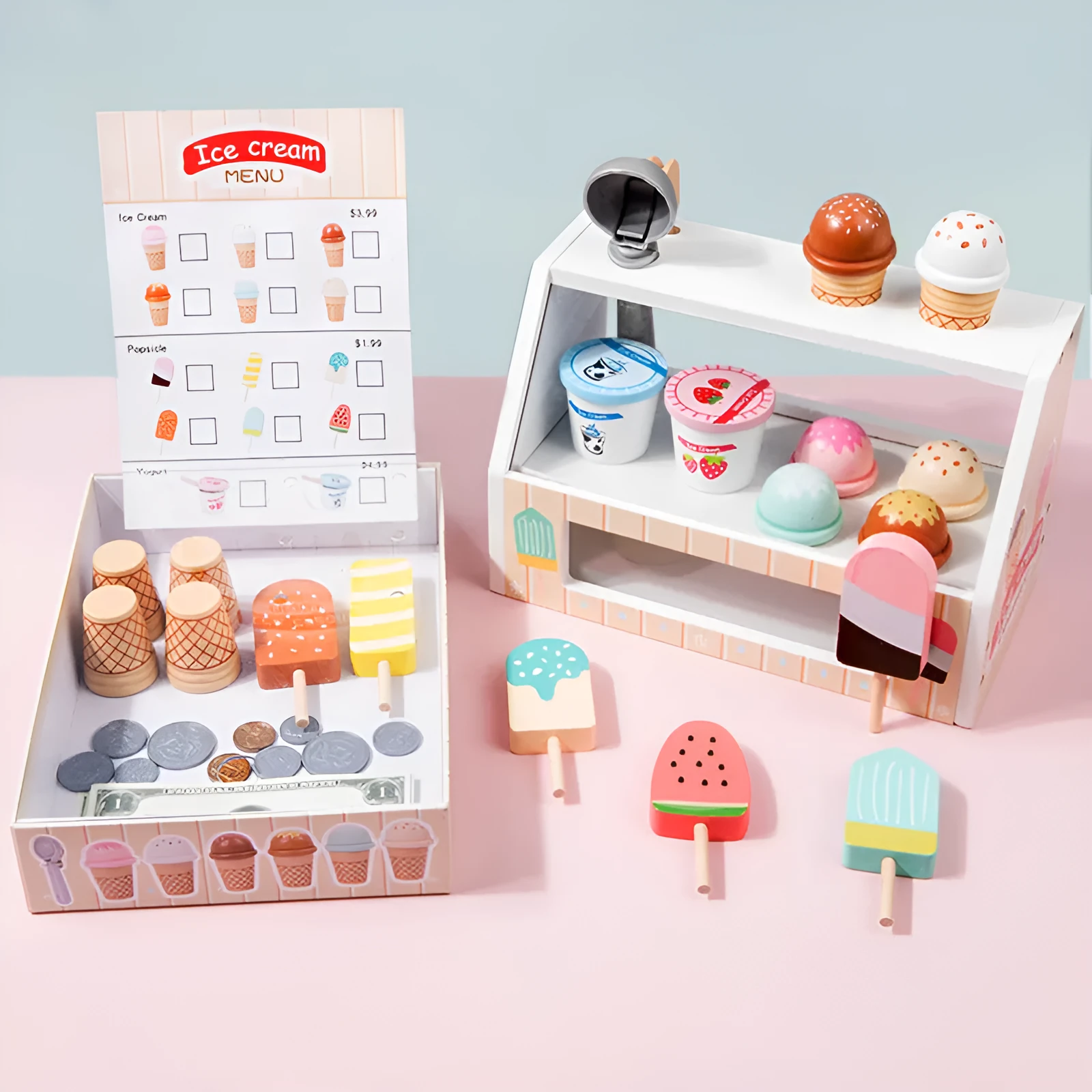 Wooden ice cream toy set for children with solid wood pieces and three colour options
