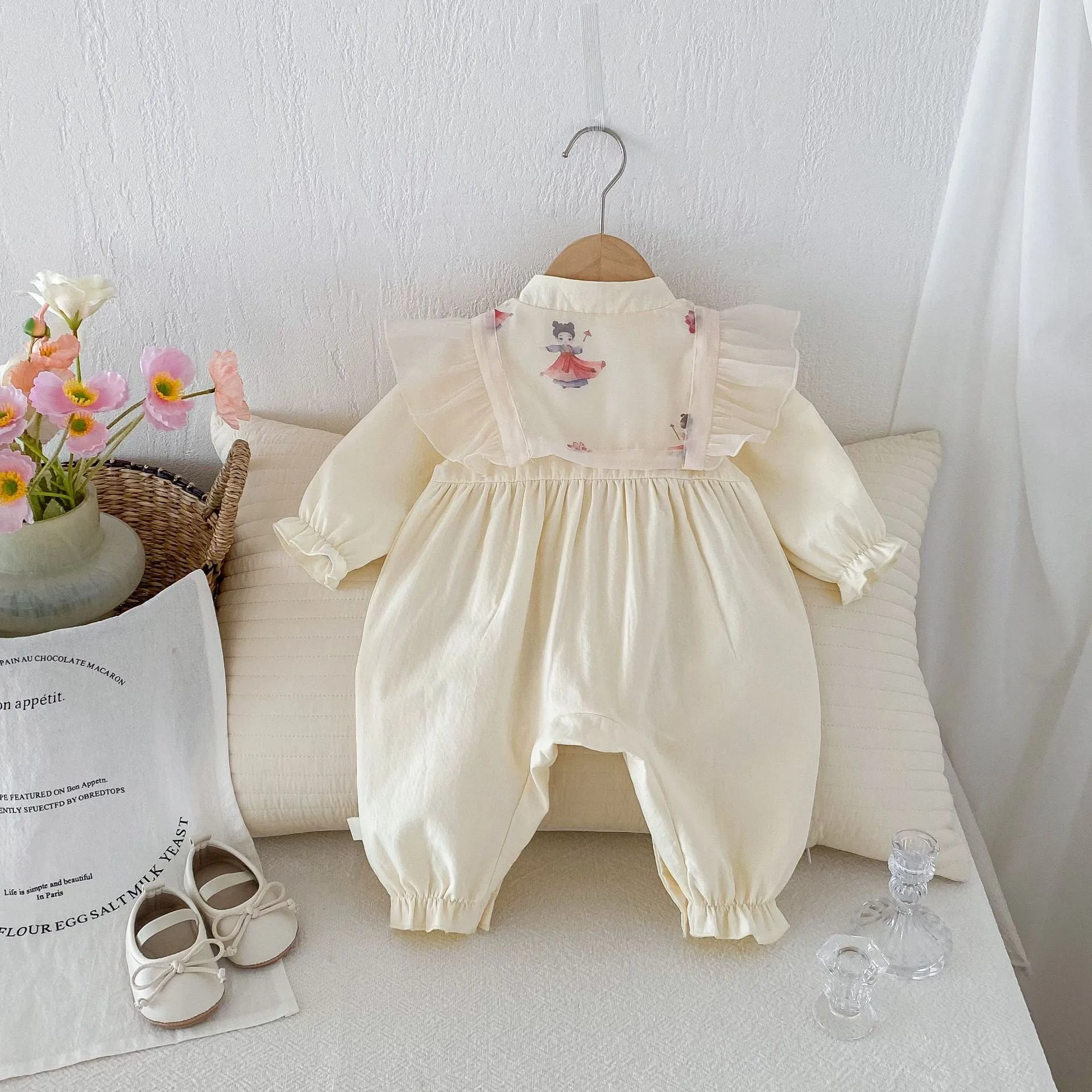 Baby cotton princess style jumpsuit in apricot with long sleeves pullover design
