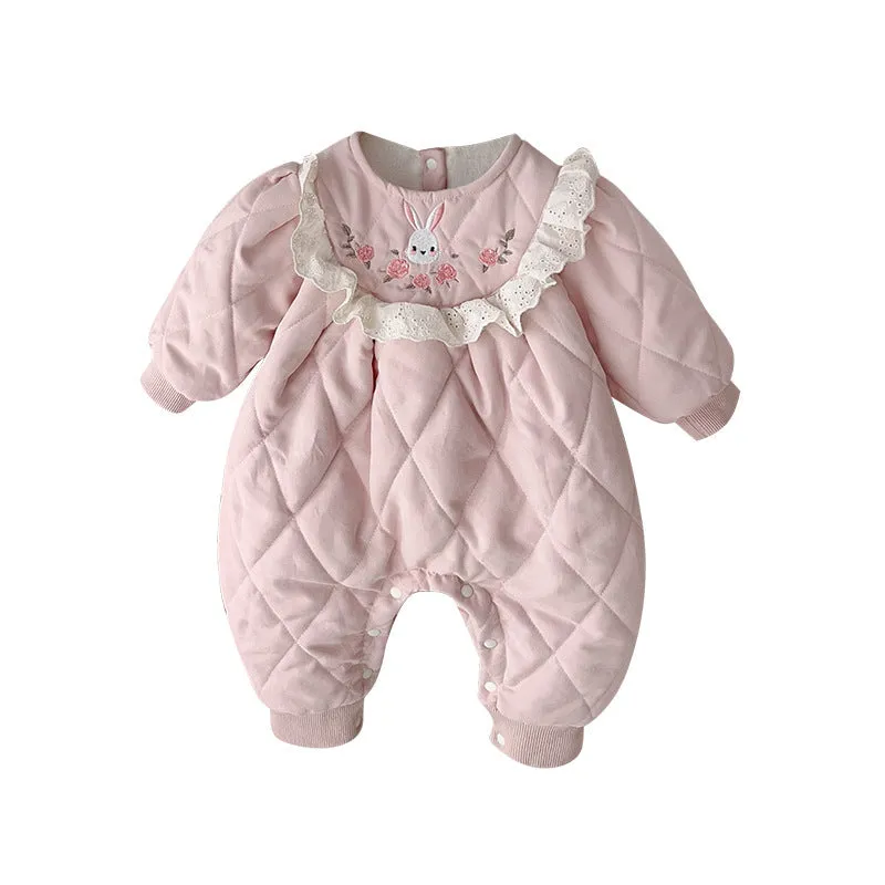 Fleece-lined baby romper in pink with hidden hook closure, thickened winter jumpsuit for babies 66-90cm tall