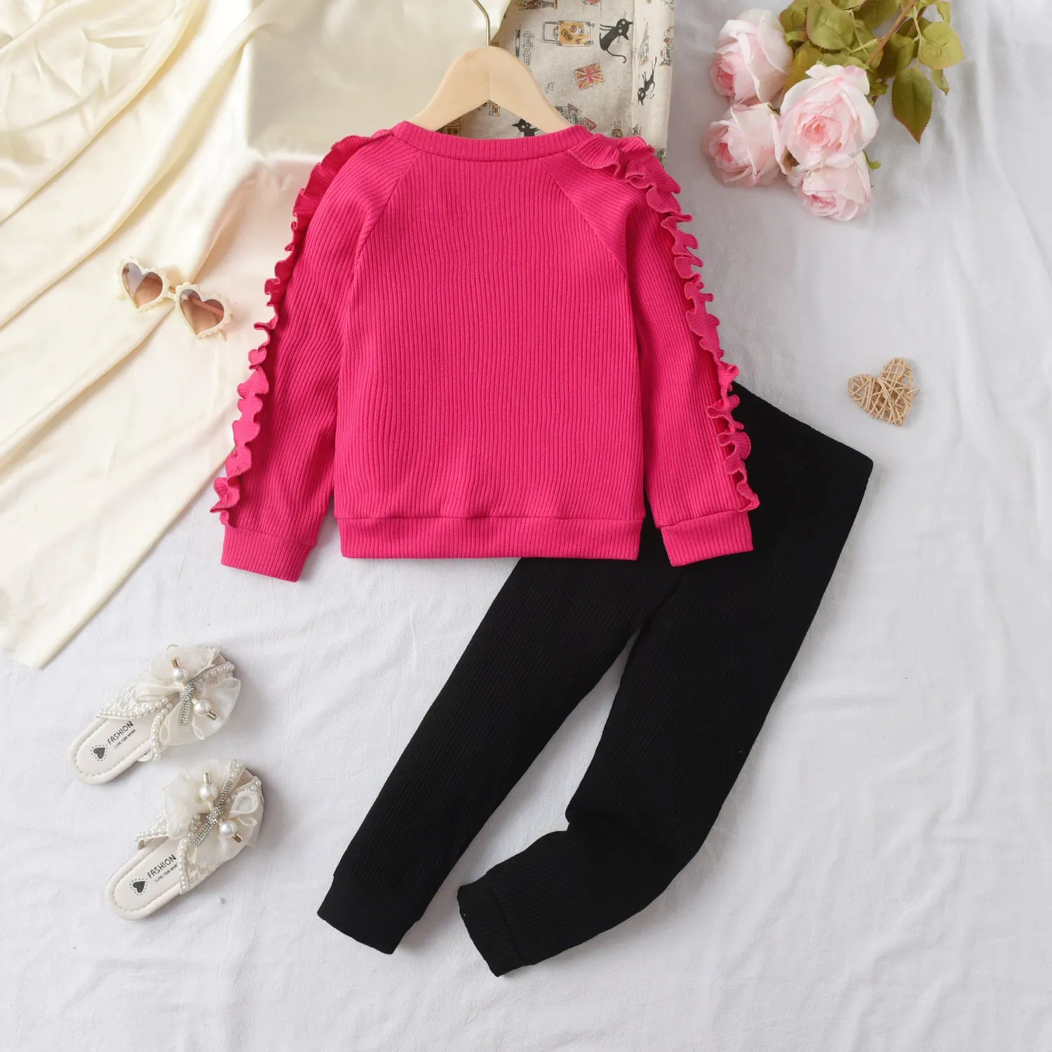 Girls rose red heart print lace long sleeve cotton sweater and trousers two-piece set on child