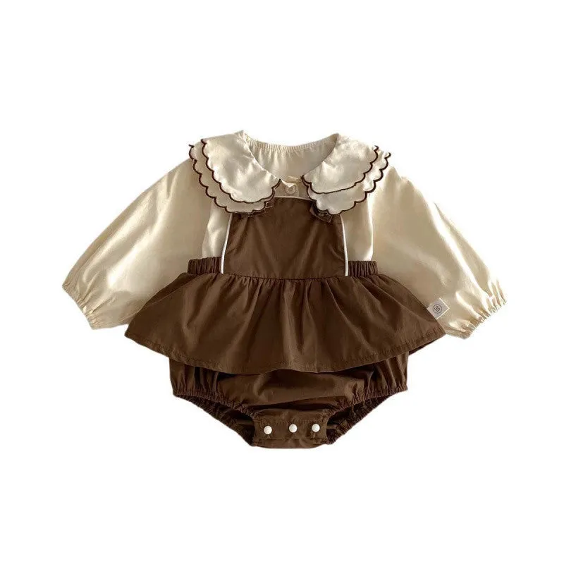 Girls' brown coffee long-sleeved cotton suspender romper with doll collar shirt and jumpsuit two-piece set