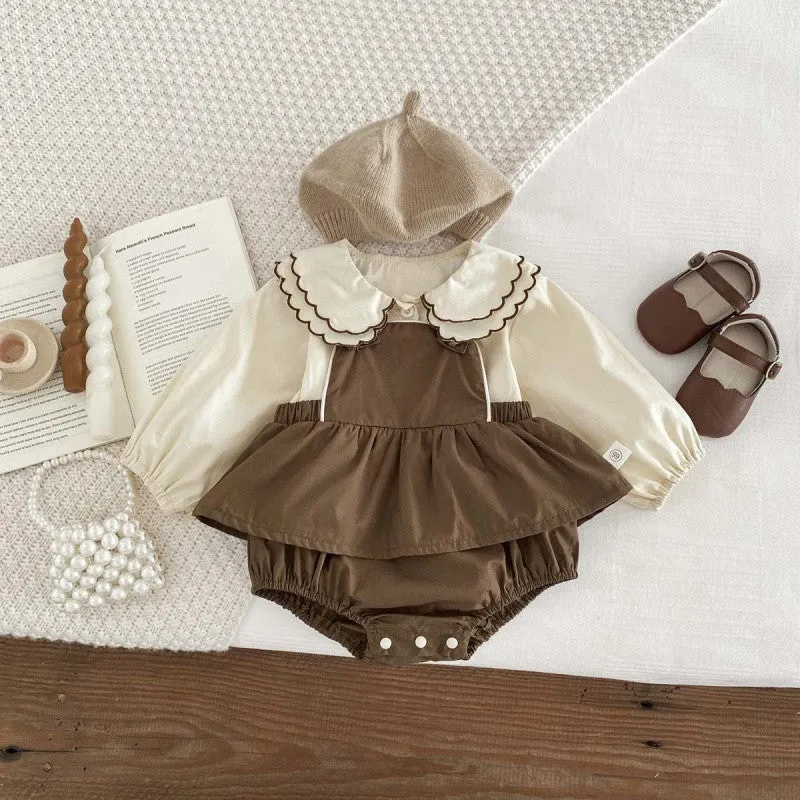 Girls' brown coffee long-sleeved cotton suspender romper with doll collar shirt and jumpsuit two-piece set