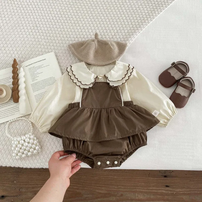 Girls' brown coffee long-sleeved cotton suspender romper with doll collar shirt and jumpsuit two-piece set