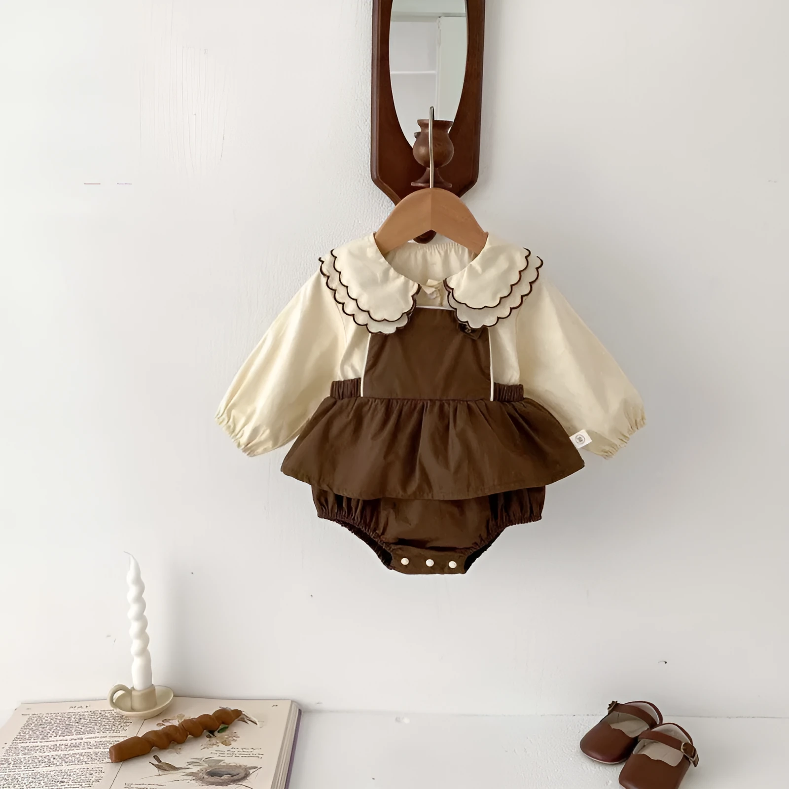 Girls' brown coffee long-sleeved cotton suspender romper with doll collar shirt and jumpsuit two-piece set