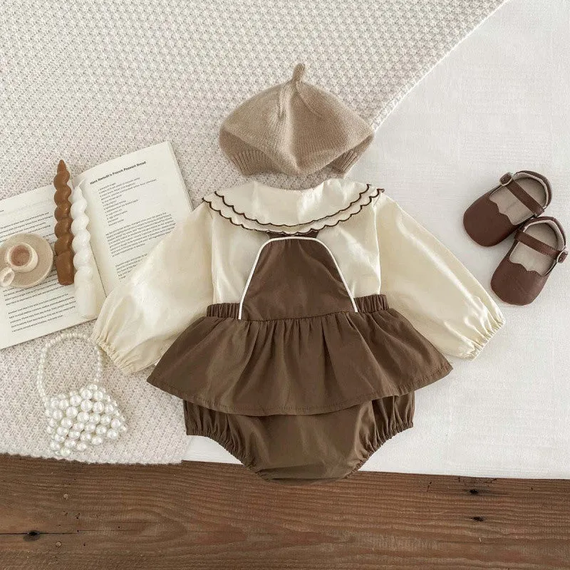 Girls' brown coffee long-sleeved cotton suspender romper with doll collar shirt and jumpsuit two-piece set