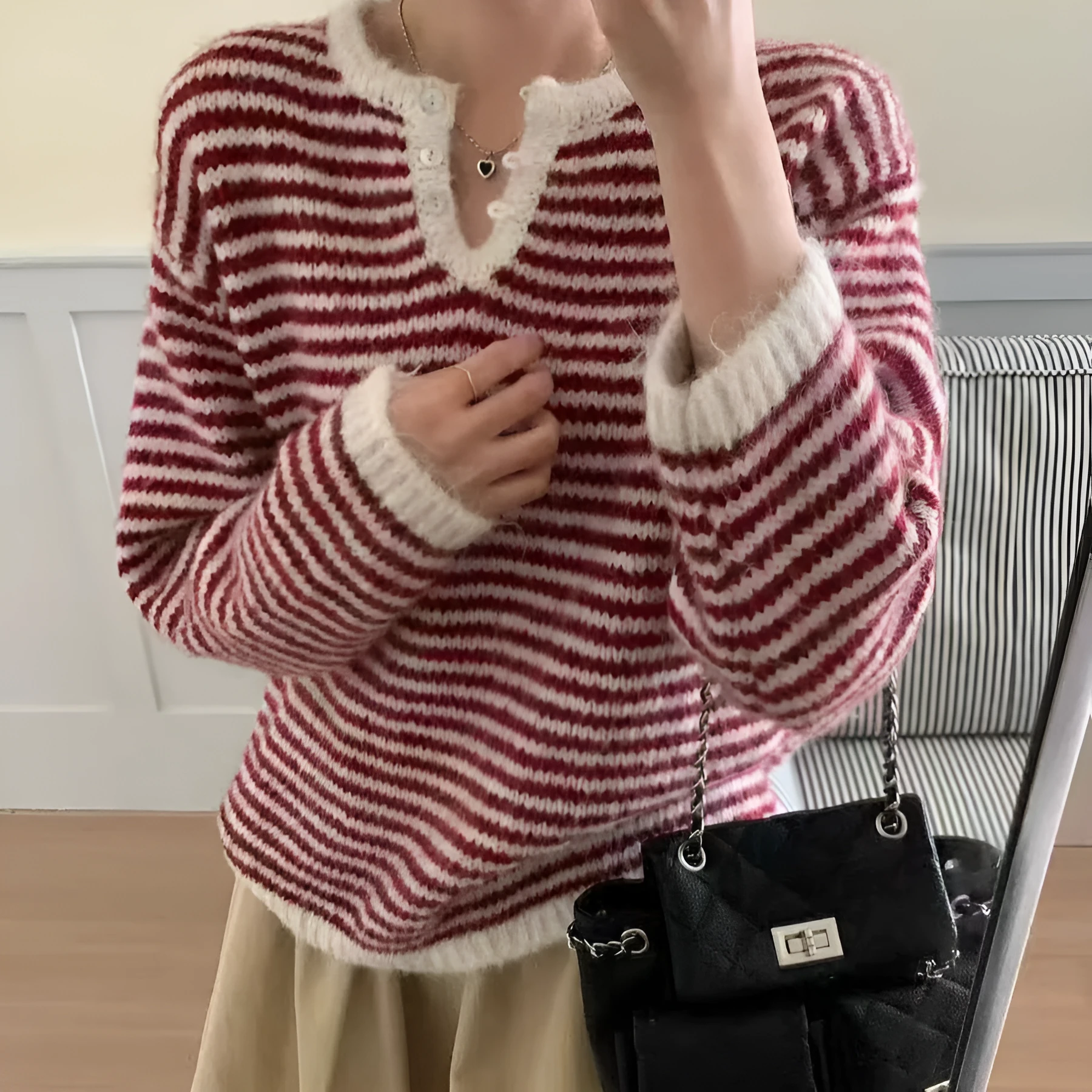 Women's red and blue striped cashmere pullover sweater with loose fit and long sleeves
