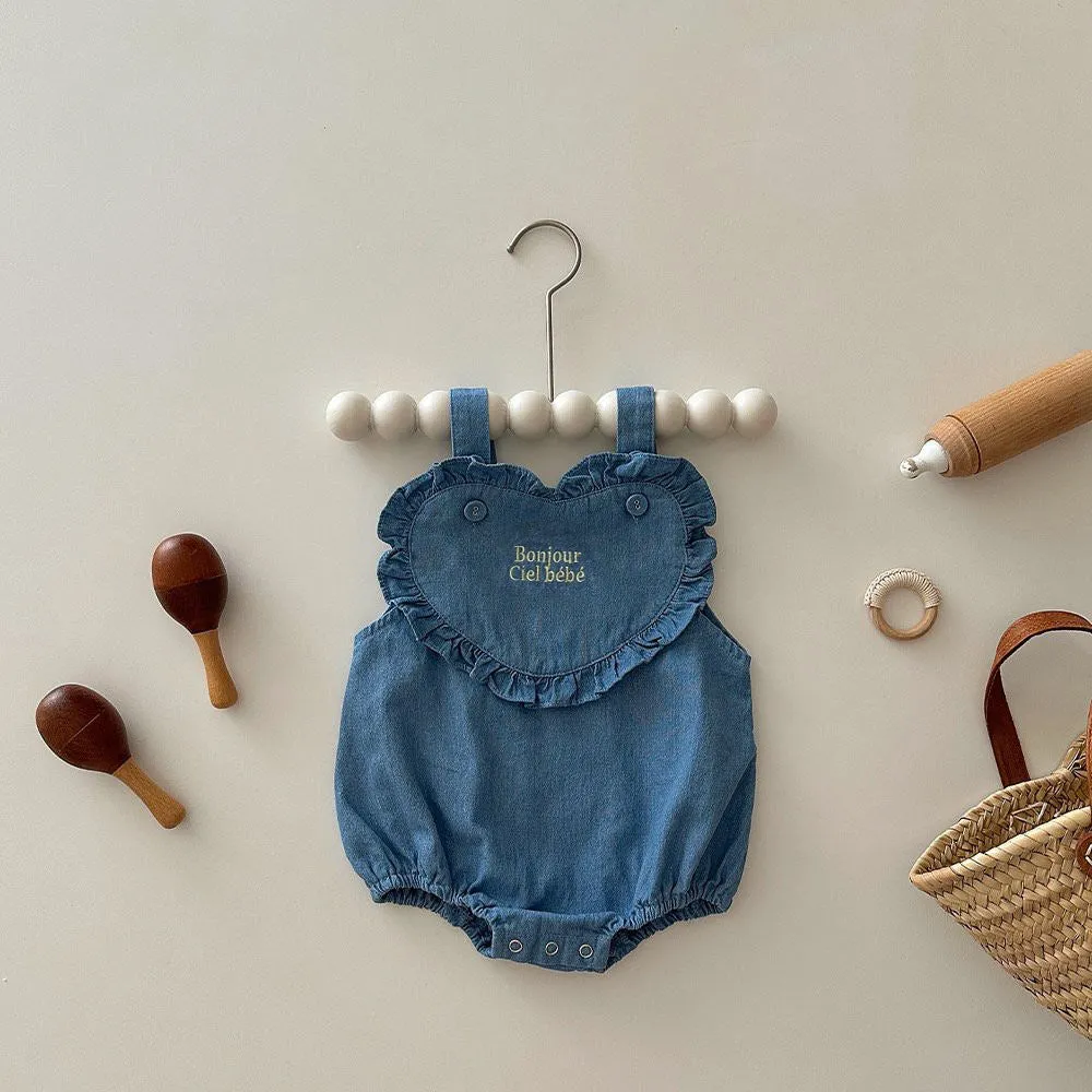 Pure cotton embroidery denim romper for newborn babies, sleeveless pullover, available in dark blue or light blue, size 66cm to 100cm