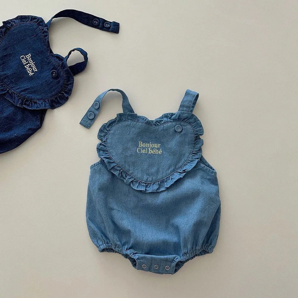Pure cotton embroidery denim romper for newborn babies, sleeveless pullover, available in dark blue or light blue, size 66cm to 100cm