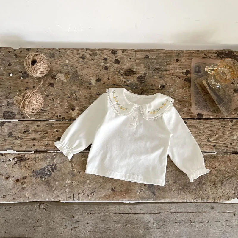 Girls' baby flower embroidered cotton sweater coat in beige, long sleeves, single-breasted cardigan