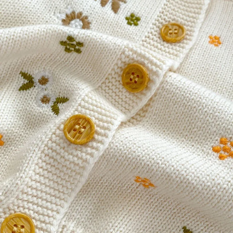 Girls' baby flower embroidered cotton sweater coat in beige, long sleeves, single-breasted cardigan