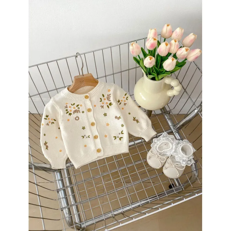 Girls' baby flower embroidered cotton sweater coat in beige, long sleeves, single-breasted cardigan
