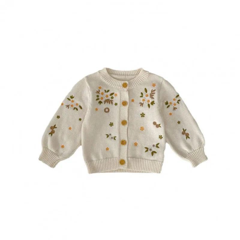 Girls' baby flower embroidered cotton sweater coat in beige, long sleeves, single-breasted cardigan