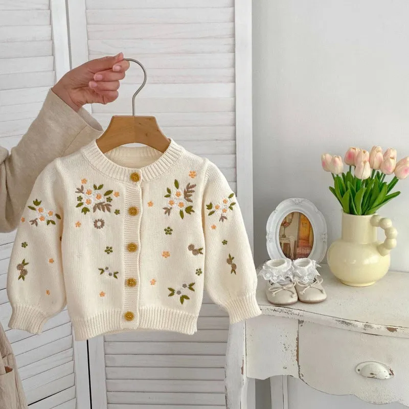 Girls' baby flower embroidered cotton sweater coat in beige, long sleeves, single-breasted cardigan