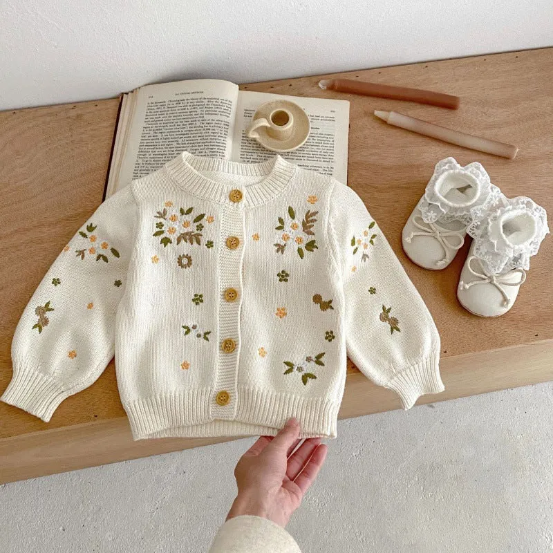 Girls' baby flower embroidered cotton sweater coat in beige, long sleeves, single-breasted cardigan