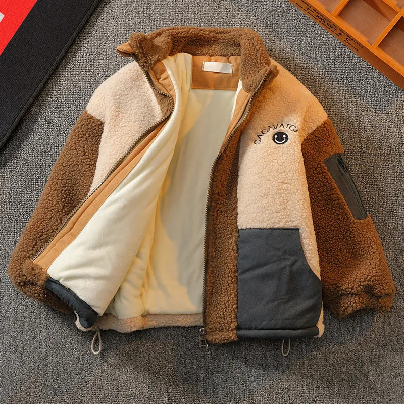 Kids contrast stitch polyester warm top in dark brown, suitable for height 90-150cm