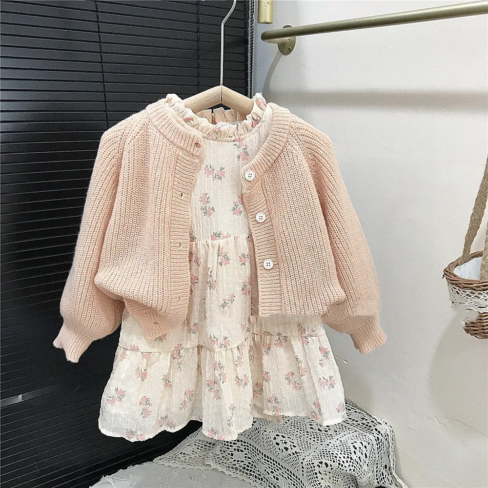Girls' pink mohair puff sleeve knitted cardigan with orange flower chiffon dress set on white background