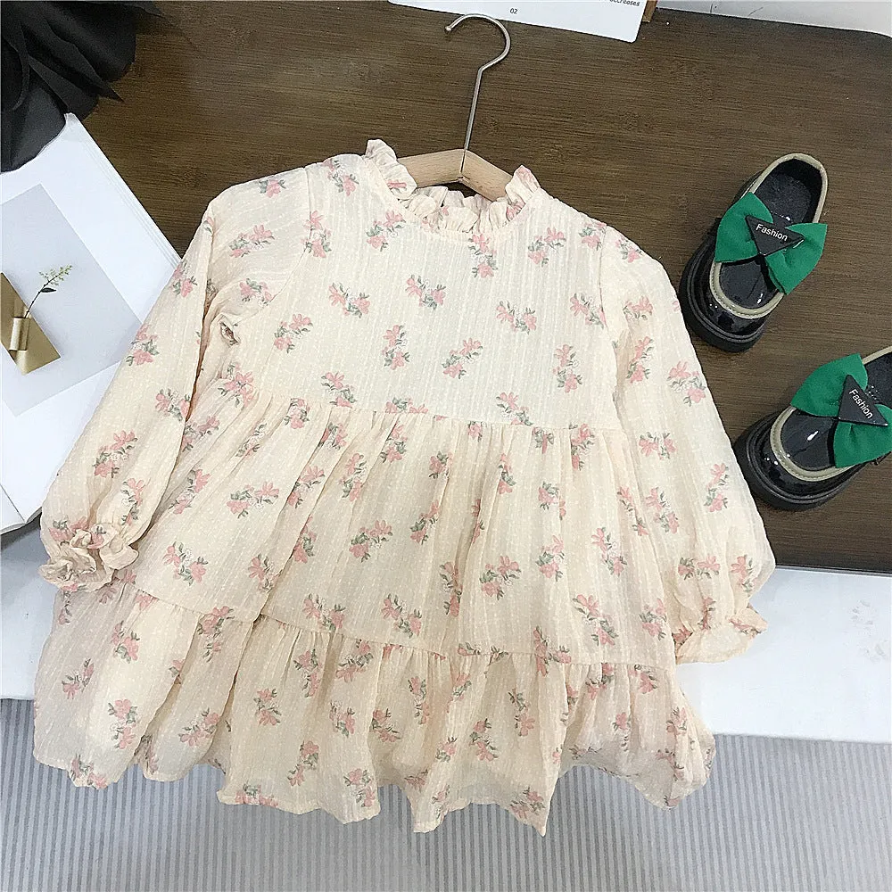 Girls' pink mohair puff sleeve knitted cardigan with orange flower chiffon dress set on white background