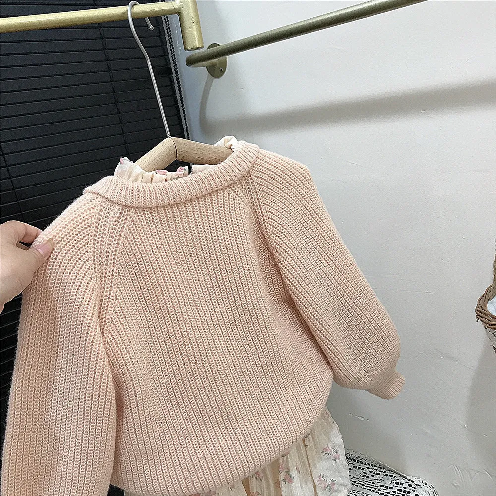 Girls' pink mohair puff sleeve knitted cardigan with orange flower chiffon dress set on white background