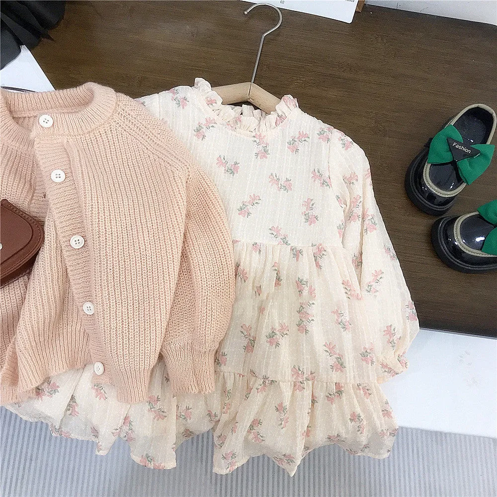 Girls' pink mohair puff sleeve knitted cardigan with orange flower chiffon dress set on white background