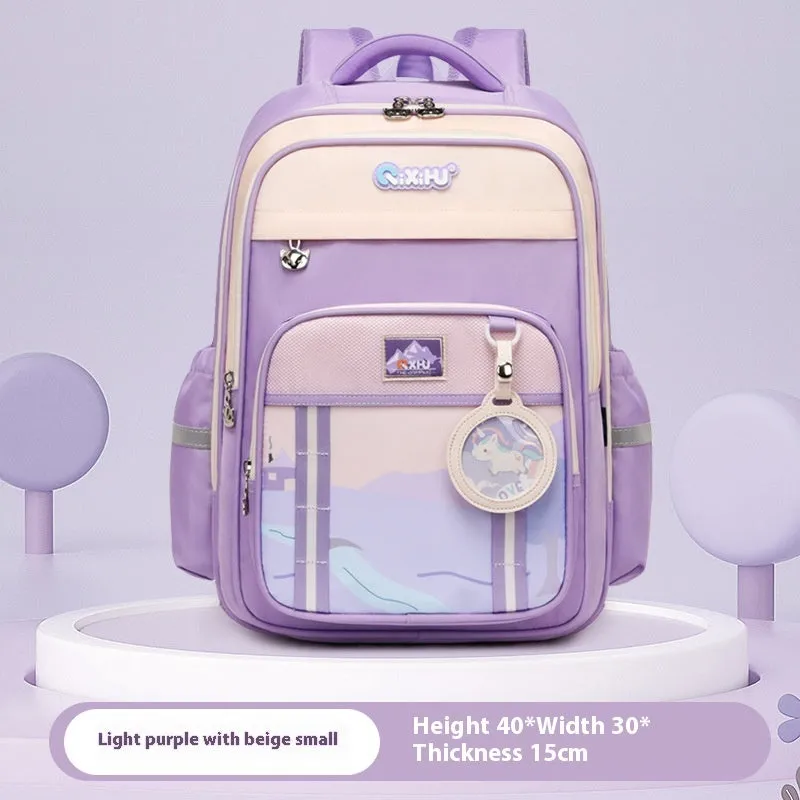 Lightweight large capacity primary school student schoolbag in light purple with beige