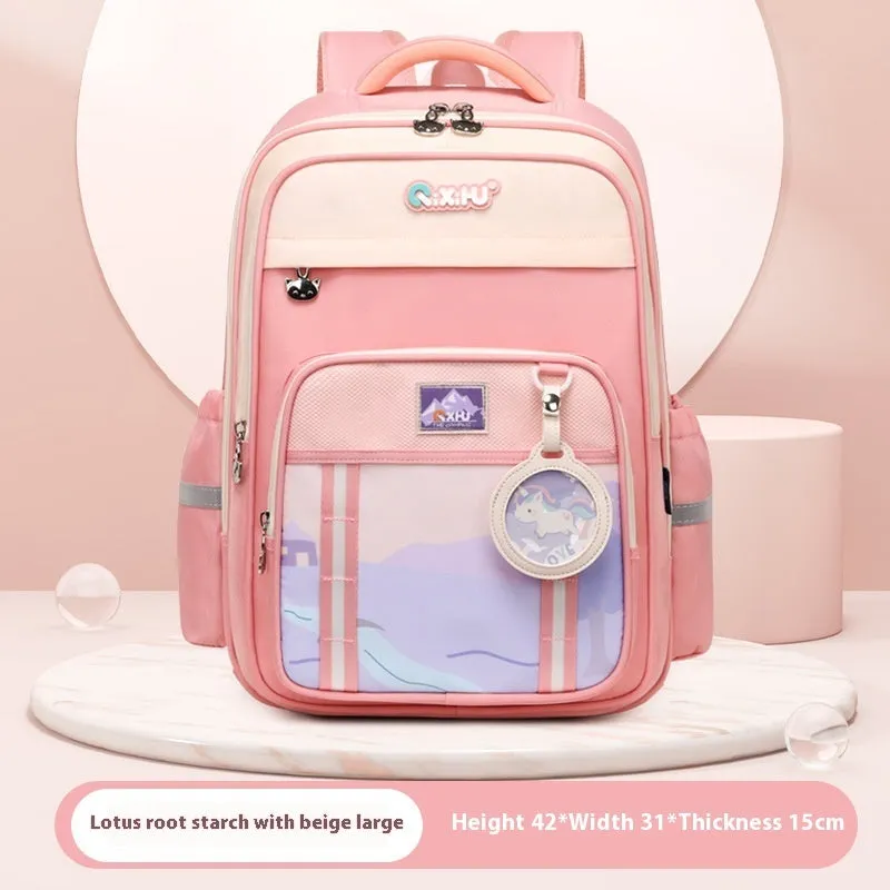 Lightweight large capacity primary school student schoolbag in light purple with beige
