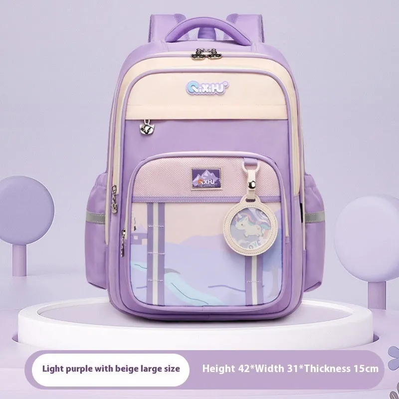 Lightweight large capacity primary school student schoolbag in light purple with beige
