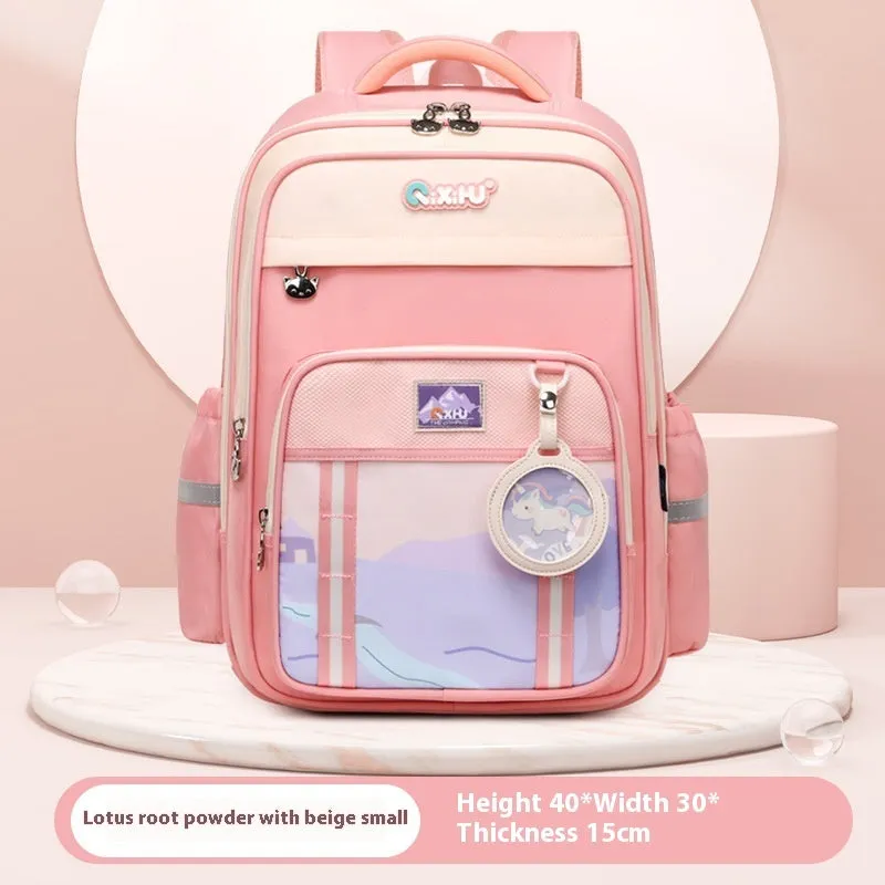 Lightweight large capacity primary school student schoolbag in light purple with beige