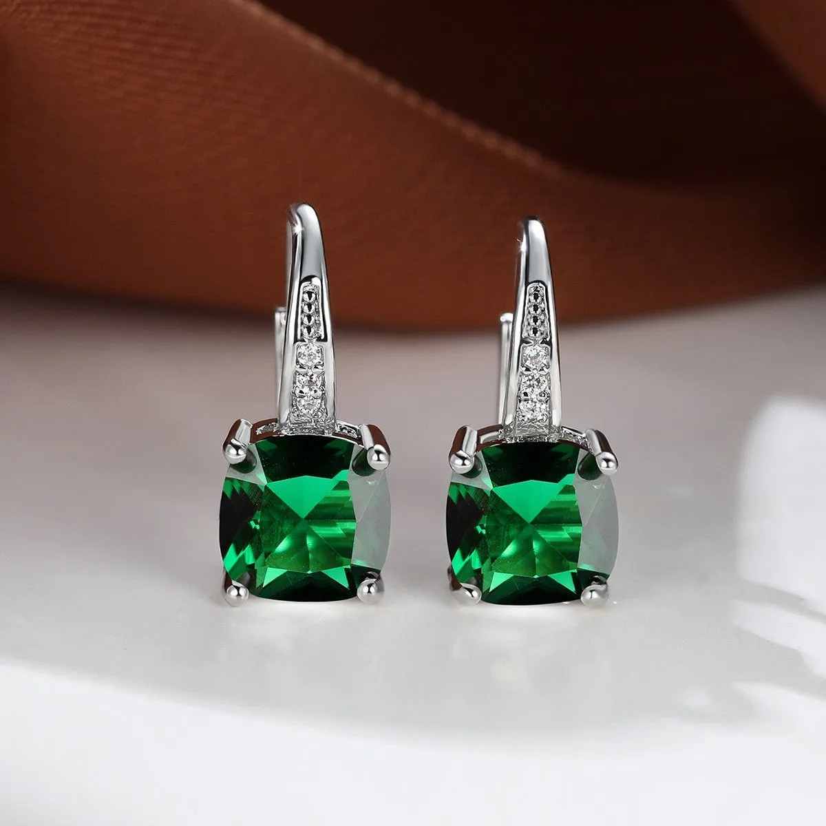 Geometric round ear hook earrings with square zircon inlay in electroplated copper construction