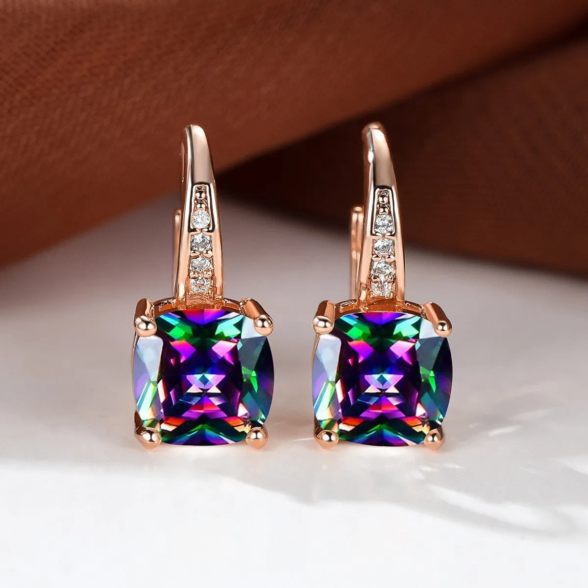 Geometric round ear hook earrings with square zircon inlay in electroplated copper construction