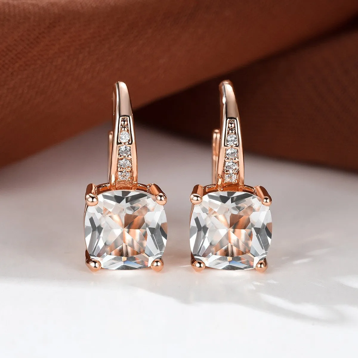 Geometric round ear hook earrings with square zircon inlay in electroplated copper construction
