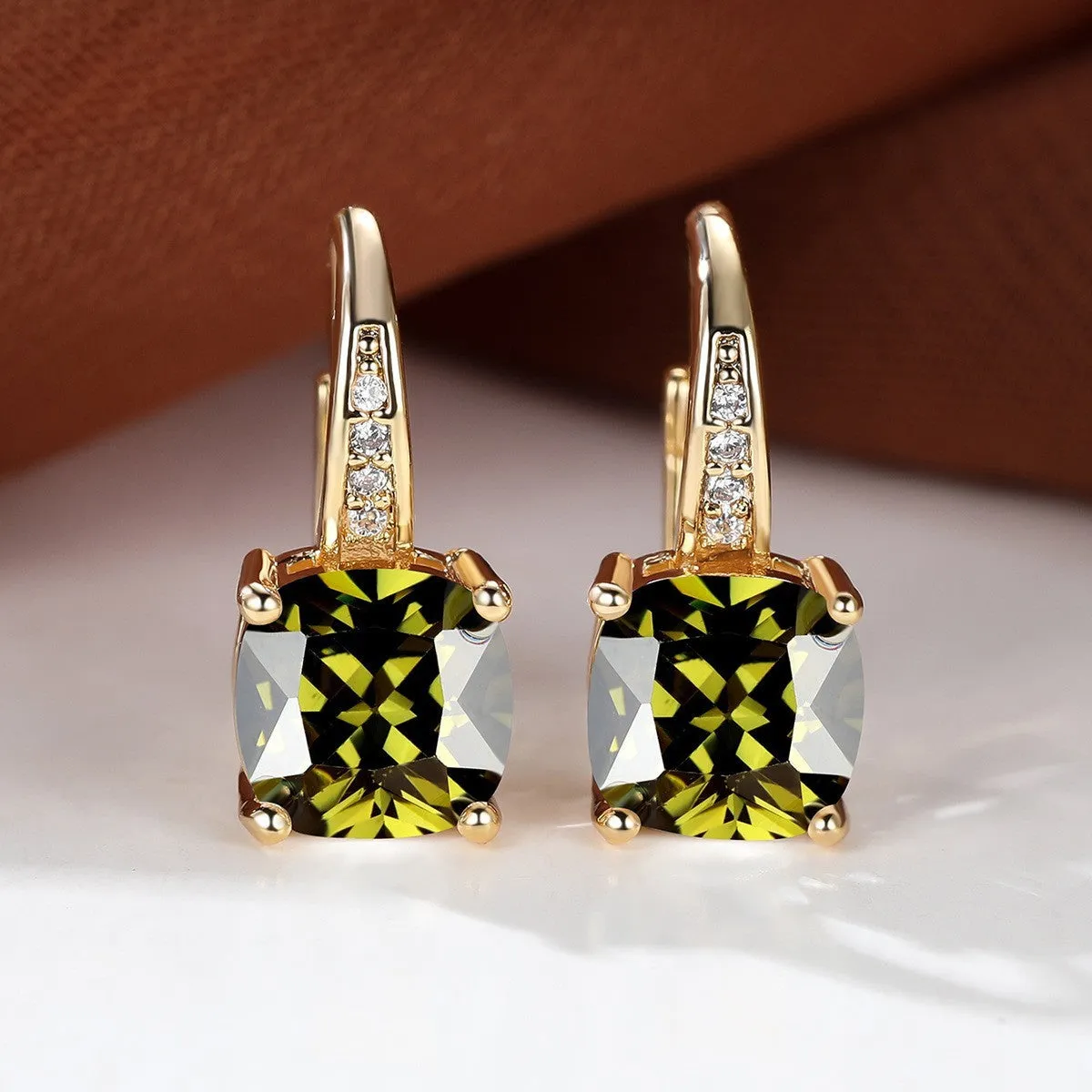 Geometric round ear hook earrings with square zircon inlay in electroplated copper construction