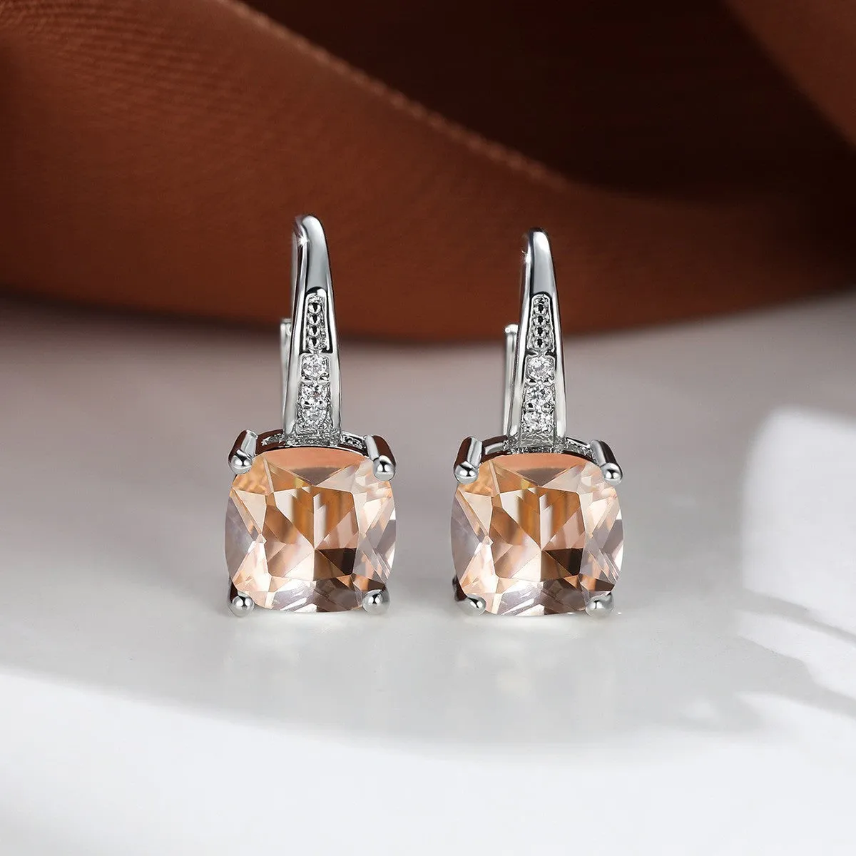 Geometric round ear hook earrings with square zircon inlay in electroplated copper construction