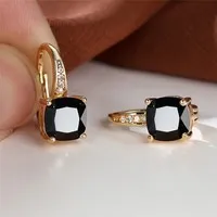 Geometric round ear hook earrings with square zircon inlay in electroplated copper construction