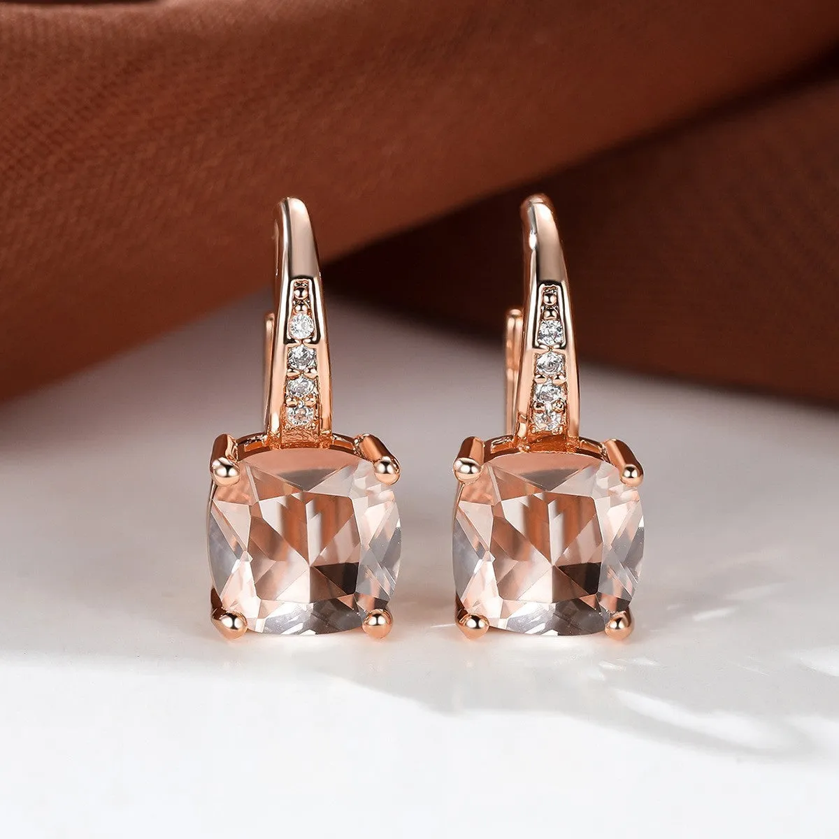 Geometric round ear hook earrings with square zircon inlay in electroplated copper construction