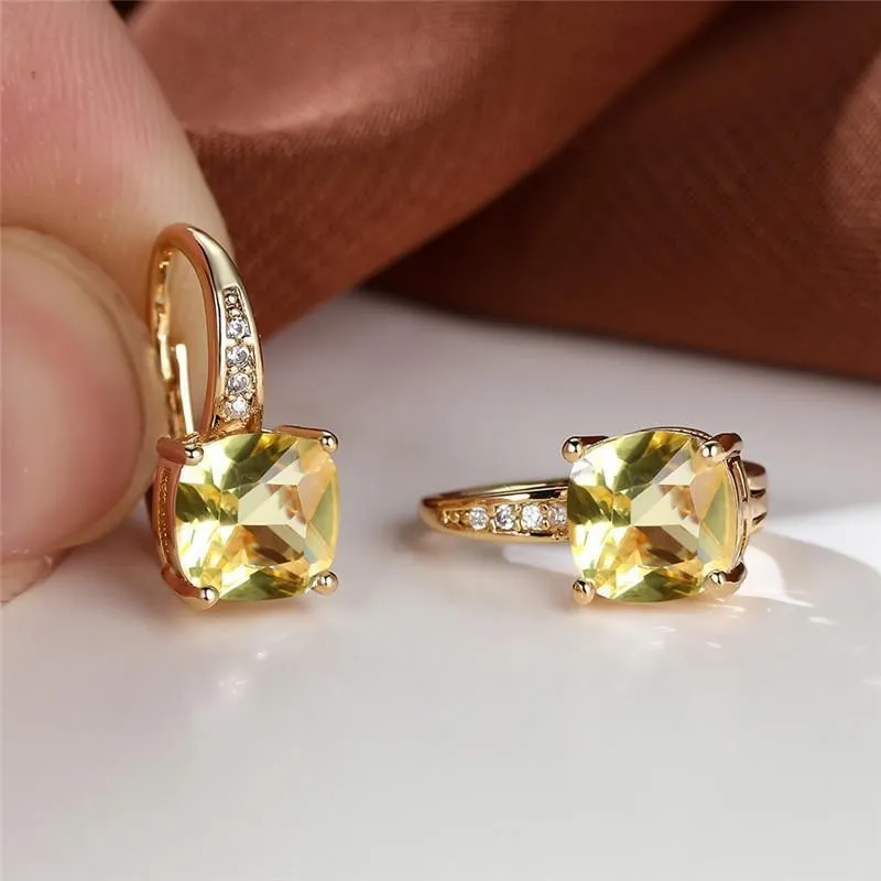 Geometric round ear hook earrings with square zircon inlay in electroplated copper construction