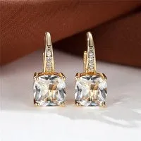 Geometric round ear hook earrings with square zircon inlay in electroplated copper construction
