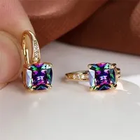 Geometric round ear hook earrings with square zircon inlay in electroplated copper construction