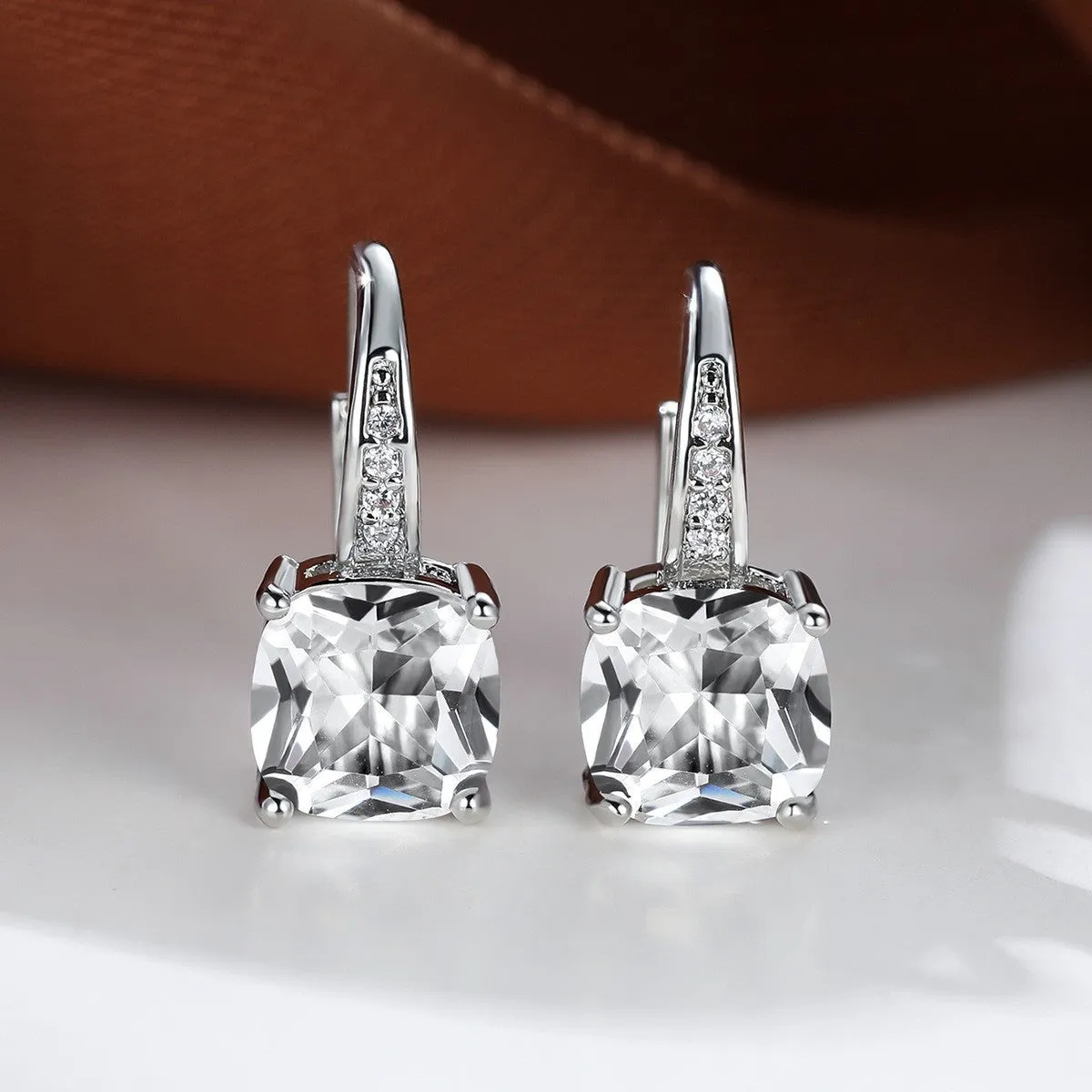 Geometric round ear hook earrings with square zircon inlay in electroplated copper construction