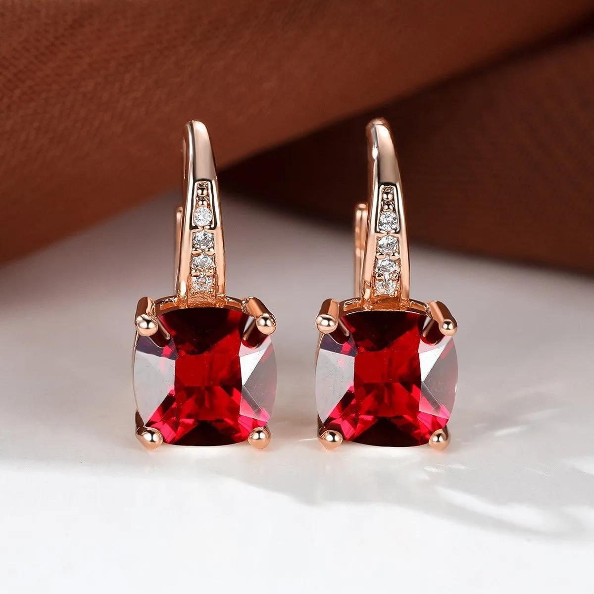 Geometric round ear hook earrings with square zircon inlay in electroplated copper construction