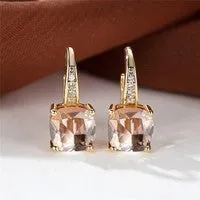 Geometric round ear hook earrings with square zircon inlay in electroplated copper construction