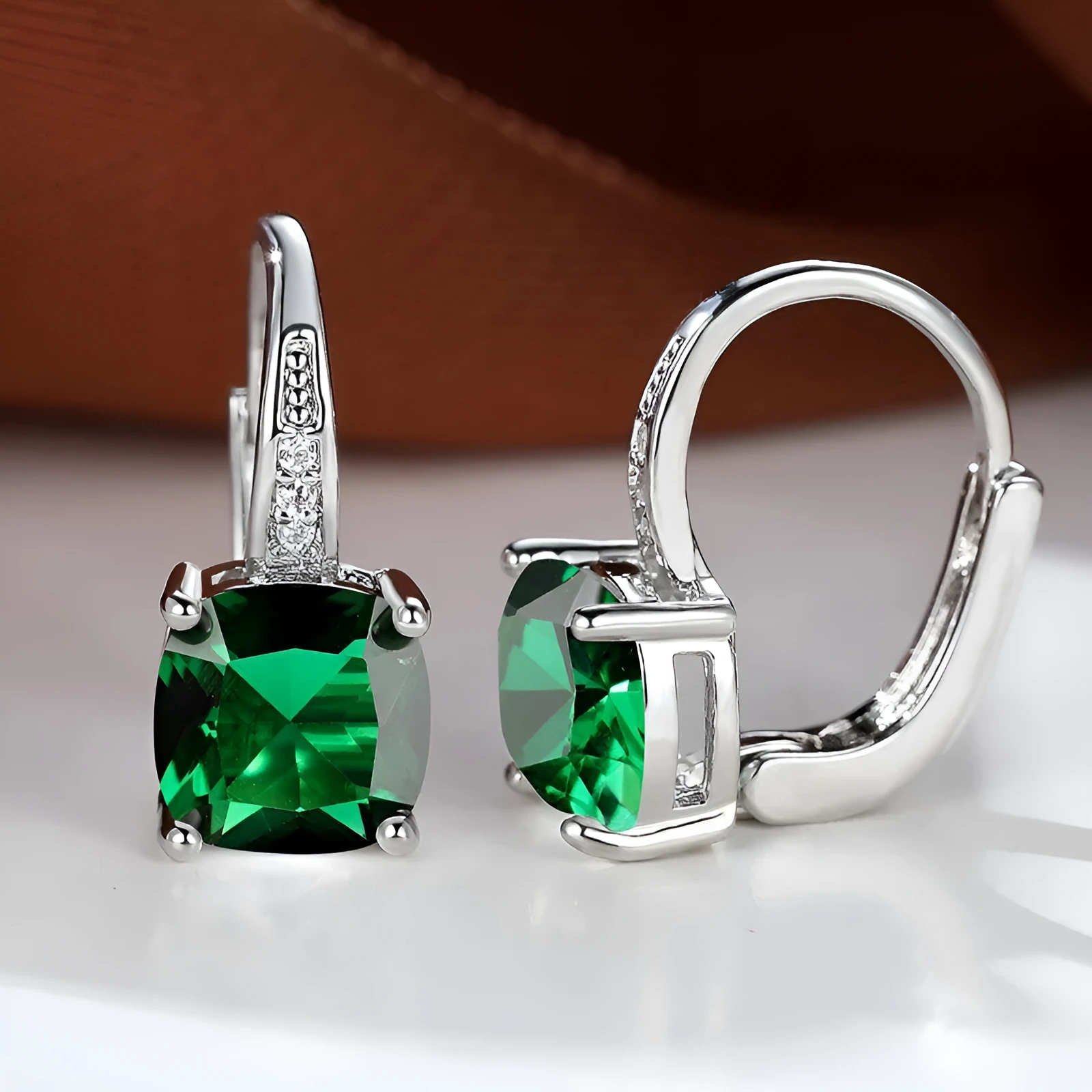 Geometric round ear hook earrings with square zircon inlay in electroplated copper construction